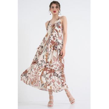 Rochie lunga cu volane - model si decolteu in V - Maro/Bej/Roz pal