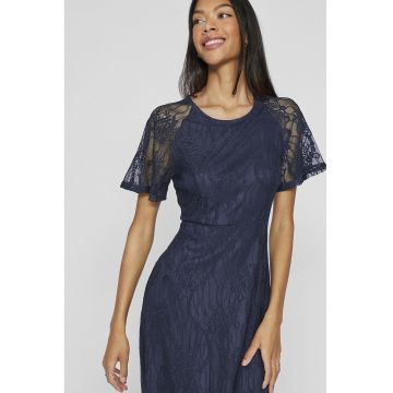Rochie lunga de dantela cu maneci semi-transparenre - Bleumarin -