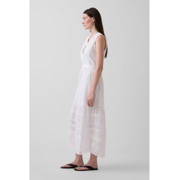 Rochie lunga din bumbac cu decolteu in V - Alb