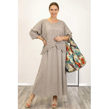 Rochie lunga din bumbac cu suprapunere, broderie perforata si croi lejer boem, bej inchis