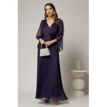 Rochie lunga mov eleganta de ocazie cu fusta plisata si floare in talie