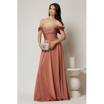 Rochie lunga roz coniac de seara din lycra cu bust buretat