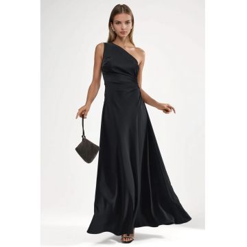 Rochie Maxi -  Asimetrica cu Decupaje - Neagra - Poliester