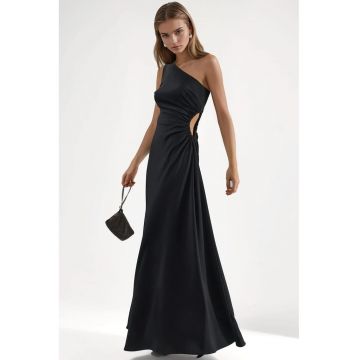 Rochie Maxi -  Asimetrica cu Decupaje - Neagra - Poliester