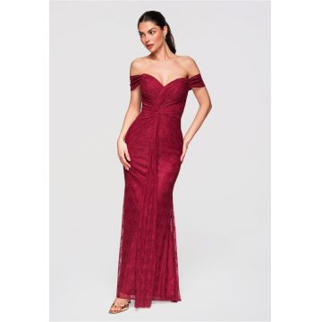 Rochie Maxi de Seara - Croiala Sirena - Dantela Eleganta - Umeri Goi - Rosu inchis