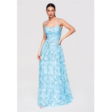Rochie Maxi de Seara cu Aplicatii Florale 3D si Paiete - Croiala Evazata - Albastru