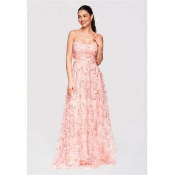 Rochie Maxi de Seara cu Aplicatii Florale 3D si Paiete - Croiala Evazata - Peach Fuzz