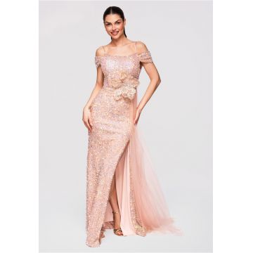 Rochie Maxi de Seara cu Paiete si Aplicatie Florala Eleganta - Auriu