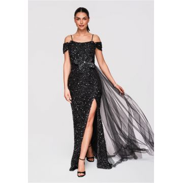 Rochie Maxi de Seara cu Paiete si Aplicatie Florala Eleganta - Negru