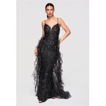 Rochie Maxi de Seara cu Paiete si Croiala Sirena Eleganta - Negru