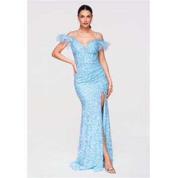 Rochie Maxi de Seara cu Paiete si Decolteu Inima - Croiala Tip Coloana - Albastru