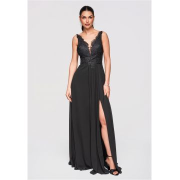 Rochie Maxi de Seara Eleganta cu Dantela si Croiala Ampla - Negru