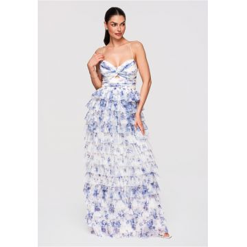 Rochie Maxi de Seara - Tulle Stratificat - Croiala Evazata cu Spatele Gol - Albastru