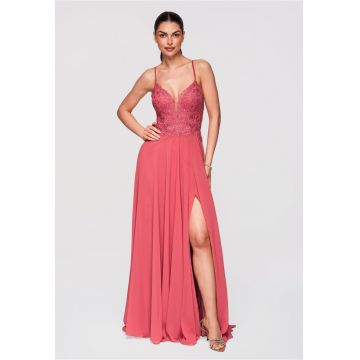 Rochie Maxi de Seara Violeta cu Dantela si Spate Decupat - Coral