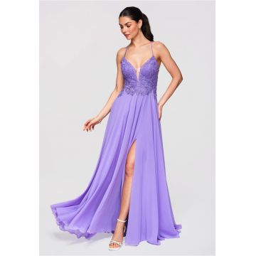 Rochie Maxi de Seara Violeta cu Dantela si Spate Decupat - Saten mediu violet