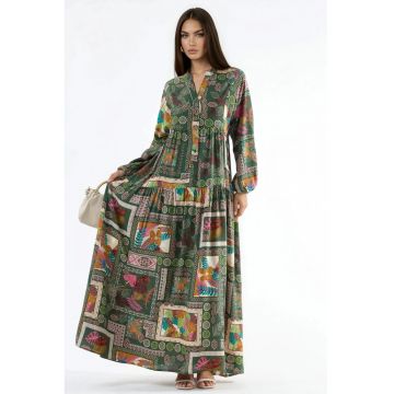 Rochie Maxi -  decolteu in V - maneci lungi - multicolor - viscoza