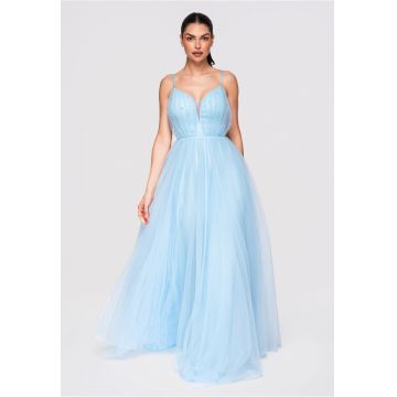 Rochie Maxi Eleganta - Croiala Clos - Detalii Tulle si Aplicatii Delicate - Albastru