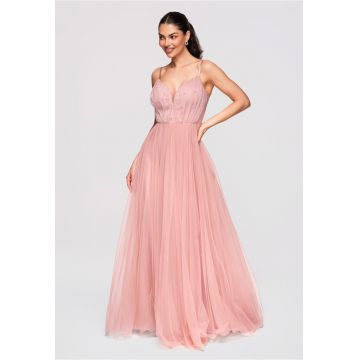 Rochie Maxi Eleganta - Croiala Clos - Detalii Tulle si Aplicatii Delicate - Roz