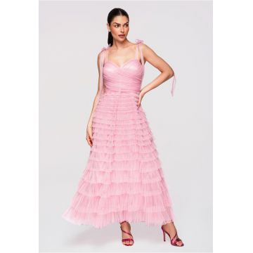 Rochie Maxi Eleganta - cu Tul - Croi Amplu si Detalii Corset - Auriu rose