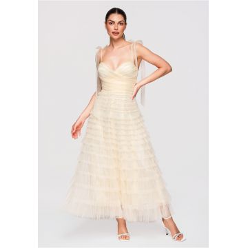 Rochie Maxi Eleganta - cu Tul - Croi Amplu si Detalii Corset - Bej