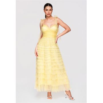 Rochie Maxi Eleganta - cu Tul - Croi Amplu si Detalii Corset - Galben