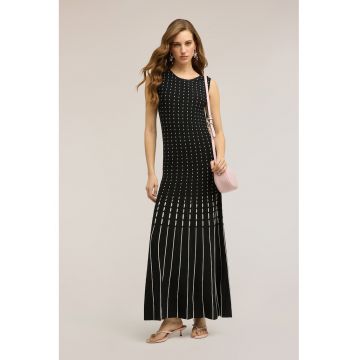 Rochie maxi evazata cu decolteu rotund - Alb/Negru