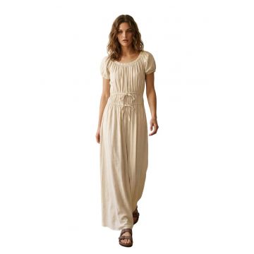 Rochie Maxi  guler patrat - detaliu cu snur - bej natural - bumbac/in