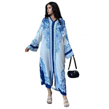 Rochie maxi -  imprimata - albastru - poliester-bumbac-lycra