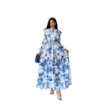 Rochie Maxi -  Imprimata cu Volane - Albastru - Poliester-Bumbac