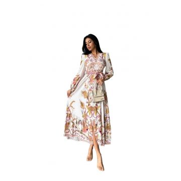 Rochie Maxi -  Imprimata - Decolteu in V - Curea - Poliester-Bumbac