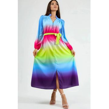 Rochie Maxi MSN Ombre cu curea - Albastru - Poliester-Bumbac