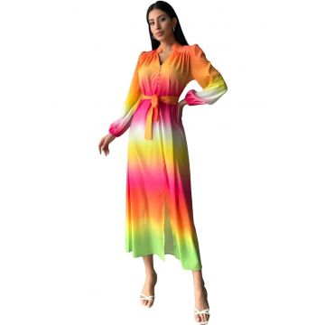 Rochie Maxi -  Ombre cu Cordon - Poliester-Bumbac-Lycra