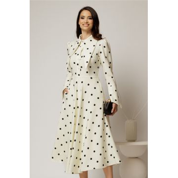 Rochie midi alba cu buline si guler ascutit