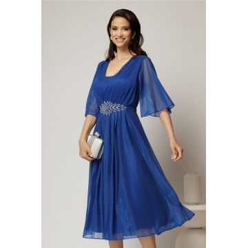 Rochie midi albastra de ocazie din voal cu sclipici si accesoriu talie