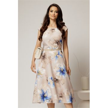 Rochie midi bej cu flori albastre in clos cu buzunare si curea in talie