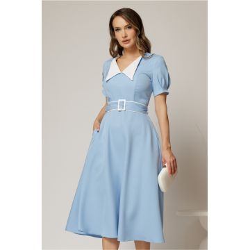 Rochie midi bleu cu guler alb in contrast si cordon cu insertii