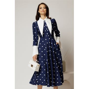 Rochie midi bleumarin cu buline si guler ascutit