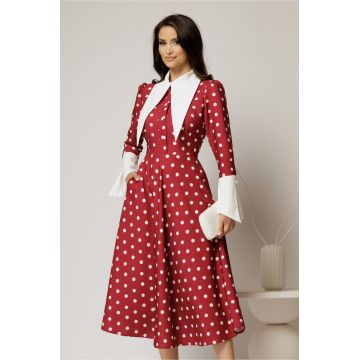Rochie midi bordo cu buline si guler ascutit