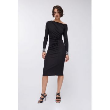 Rochie midi cambrata cu aplicatii cu mansete - Negru