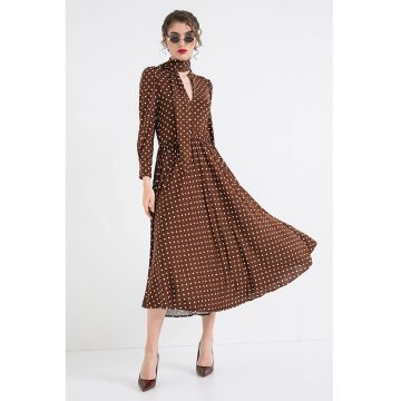 Rochie midi cu buline - Alb/Maro pamantiu