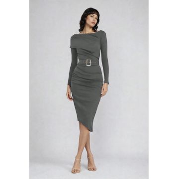 Rochie midi cu croiala cambrata si curea - Gri deschis