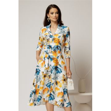 Rochie midi de zi ivoar cu imprimeuri galbene si albastre cu buzunare