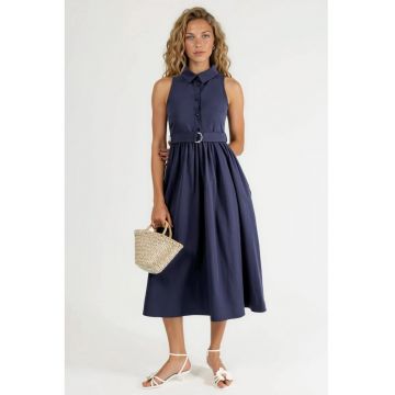 Rochie midi -  decolteu in V - cu cordon - bleumarin - poliester-bumbac