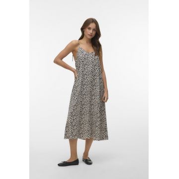 Rochie midi din amestec de in - Negru/Bej deschis