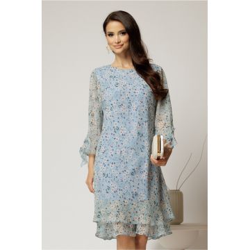 Rochie midi din voal bleu cu floricele si maneci trei sferturi