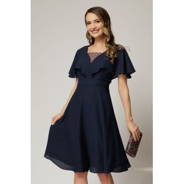 Rochie midi din voal bleumarin cu maneci evazate si decolteu adanc