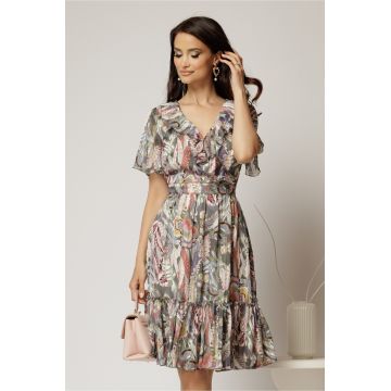Rochie midi din voal kaki cu imprimeuri cu decolteu petrecut cu volanase si maneci scurte