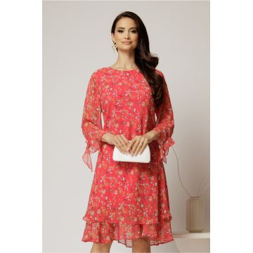 Rochie midi din voal rosu cu floricele si maneci trei sferturi