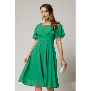 Rochie midi din voal verde cu maneci evazate si decolteu adanc