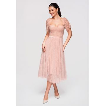 Rochie midi evazata - cu corset din dantela si tul - Nude